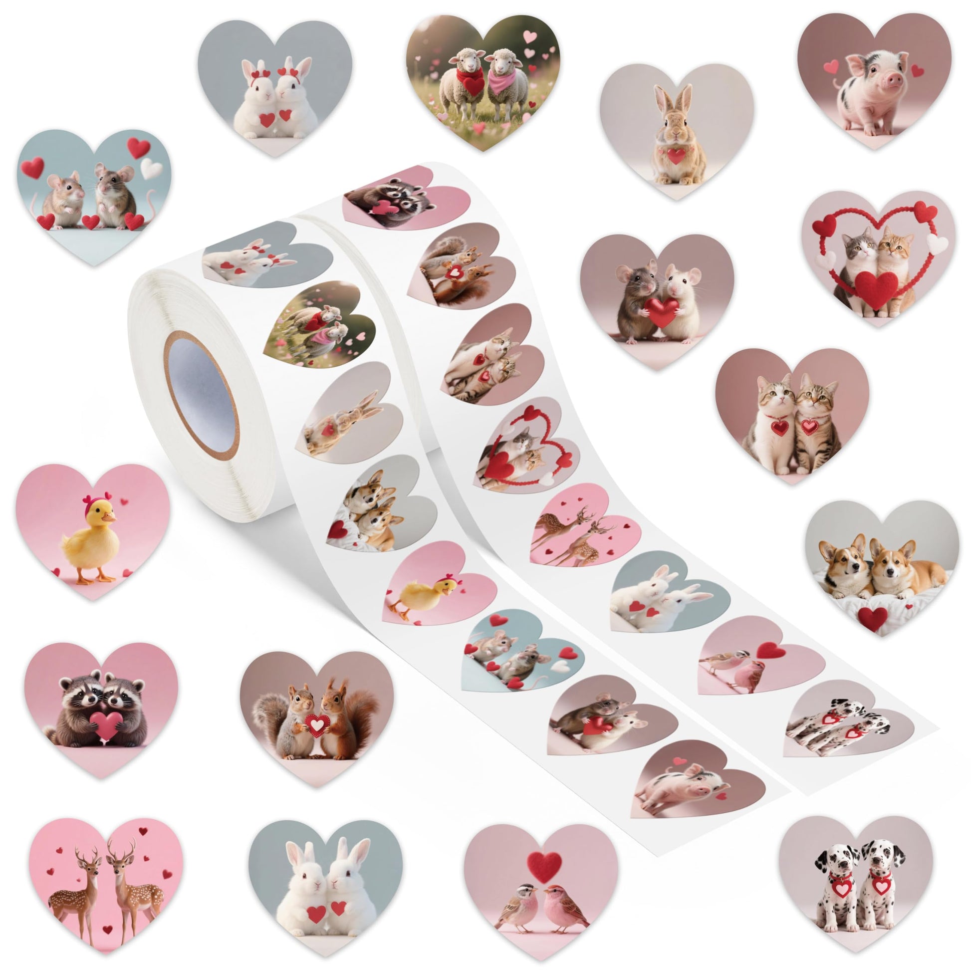 DSjuedui Romantic Realistic Animal Roll Stickers - 1000Pcs Cute Cat Dog Rabbit Sheep Heart Self Adhesive Stickers for Kids, Heart Shape Animal Vinyl
