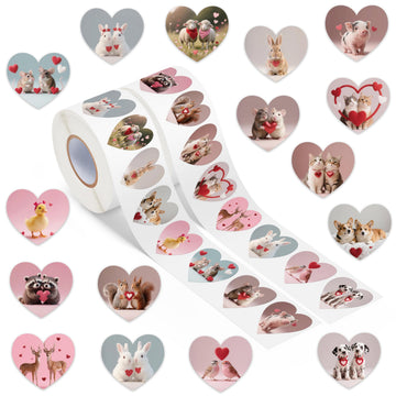 DSjuedui Romantic Realistic Animal Roll Stickers - 1000Pcs Cute Cat Dog Rabbit Sheep Heart Self Adhesive Stickers for Kids, Heart Shape Animal Vinyl