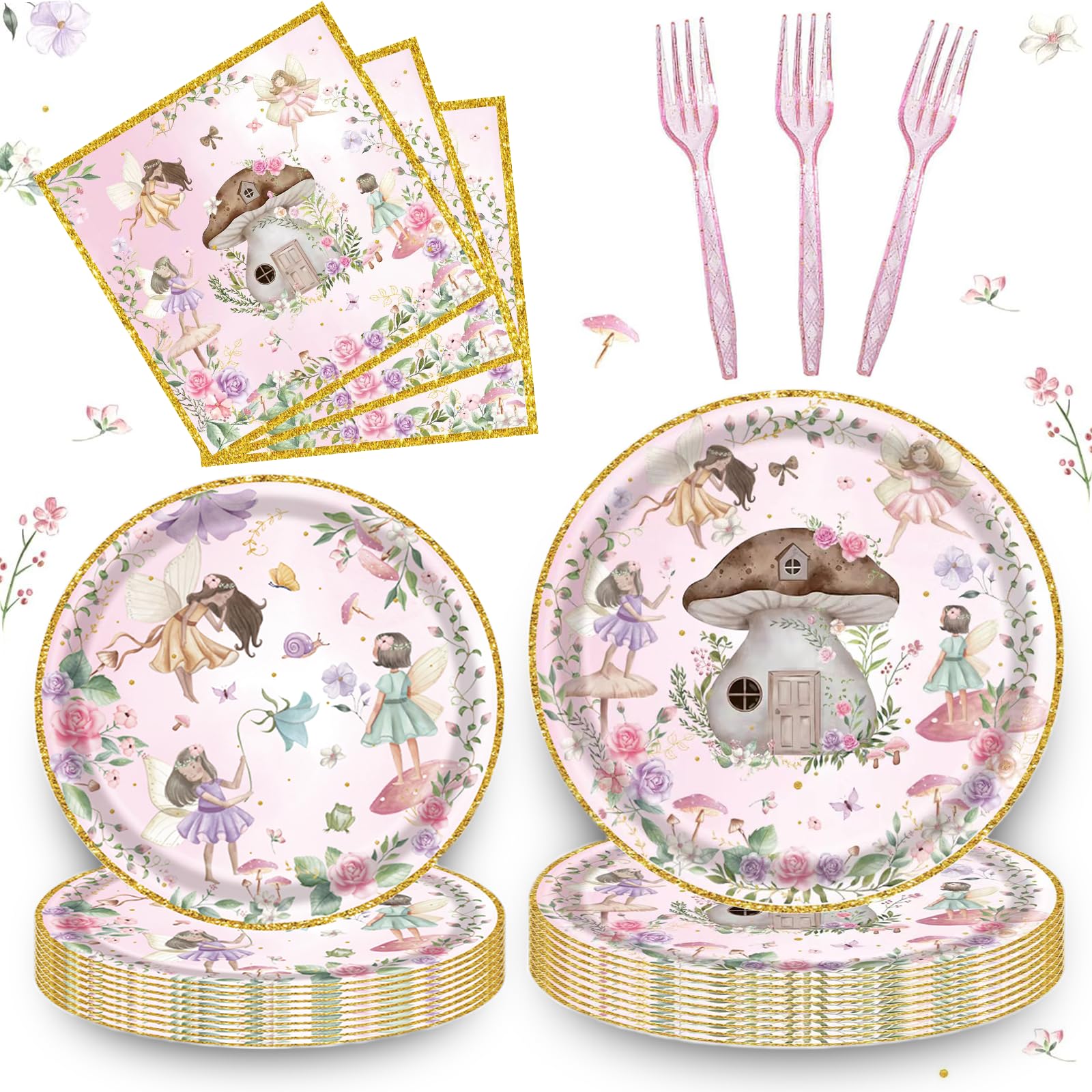 192 Pcs Fairy Party Tableware Set (Serves 48 Guests), Plates, Napkins, Forks, Enchanted Garden Theme for 1st Birthday, Baby Shower, Girls Fairy Party