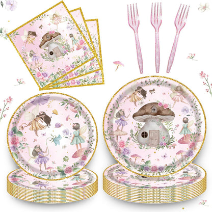 192 Pcs Fairy Party Tableware Set (Serves 48 Guests), Plates, Napkins, Forks, Enchanted Garden Theme for 1st Birthday, Baby Shower, Girls Fairy Party