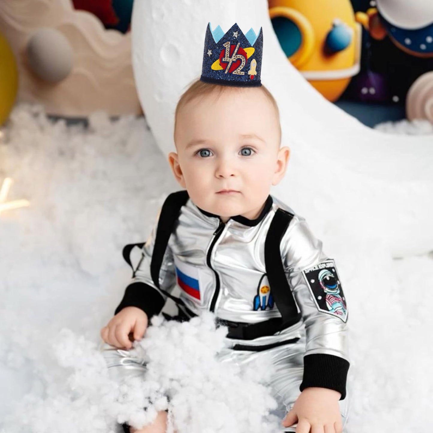 LINGANA Outer Space 1/2 Birthday Crown - Planet Half Way to One Birthday Decorations,Dark Blue Glitter Space Party Crown,Little Astronaut 6 Month