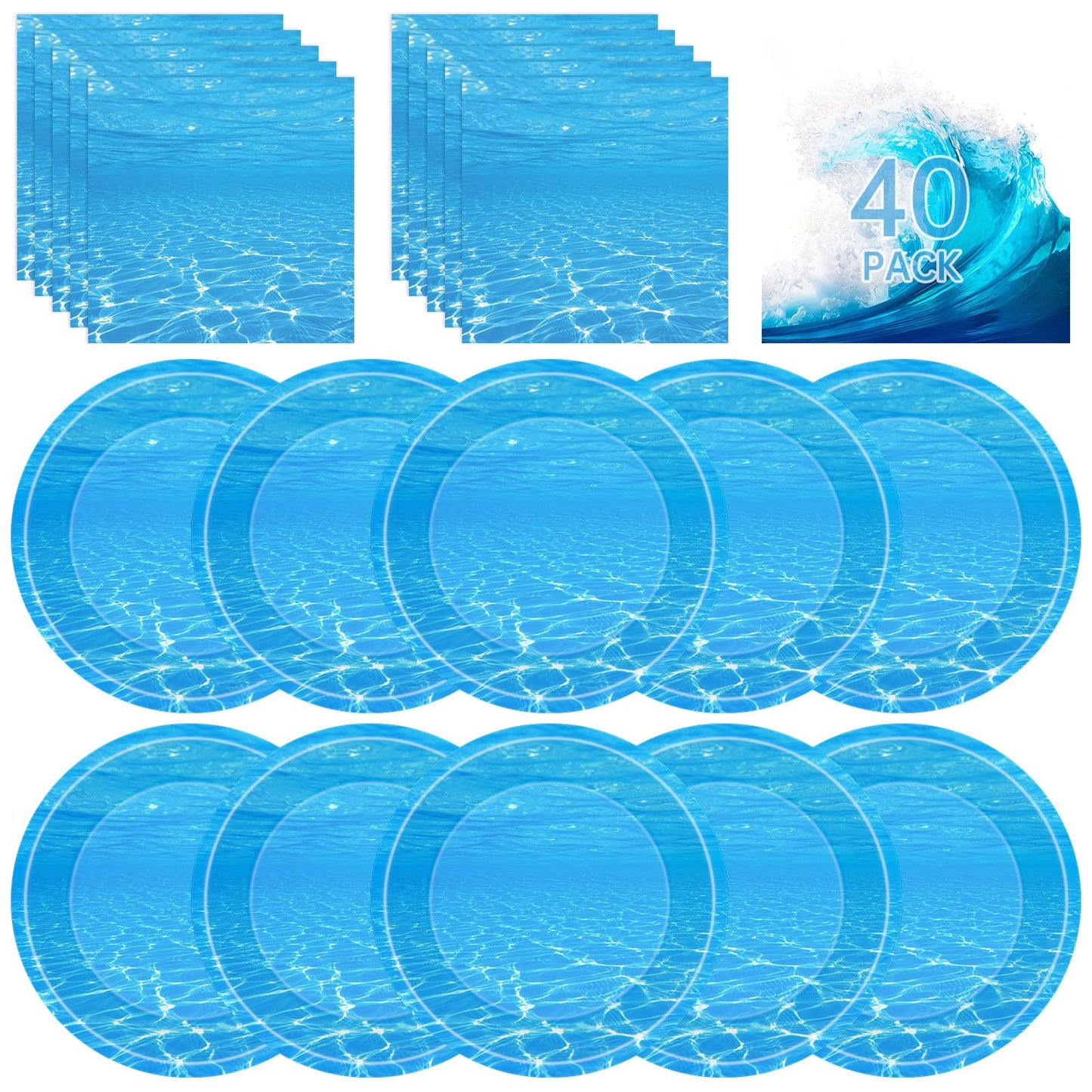 40 Pcs Ocean Plates and Napkins Sets - Under The Sea Party Supplies Tableware, Blue Disposable Paper Plates and Napkins Kit for Summer Ocean Themed