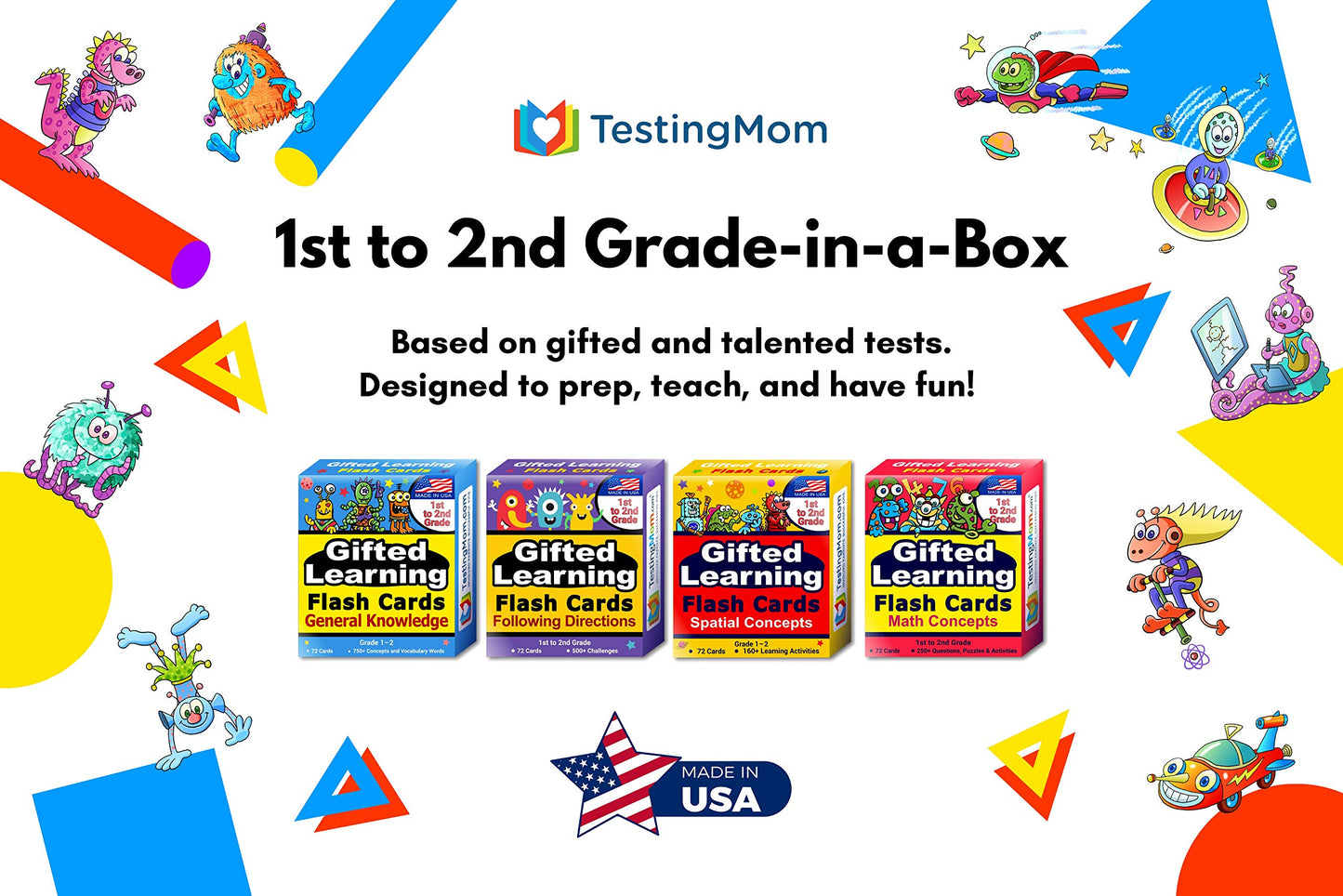 TestingMom.com Gifted Learning Flash Cards Bundle - Educational Flash Cards for 6-8 Years - Knowledge, Spatial Concepts, Following Directions and Math