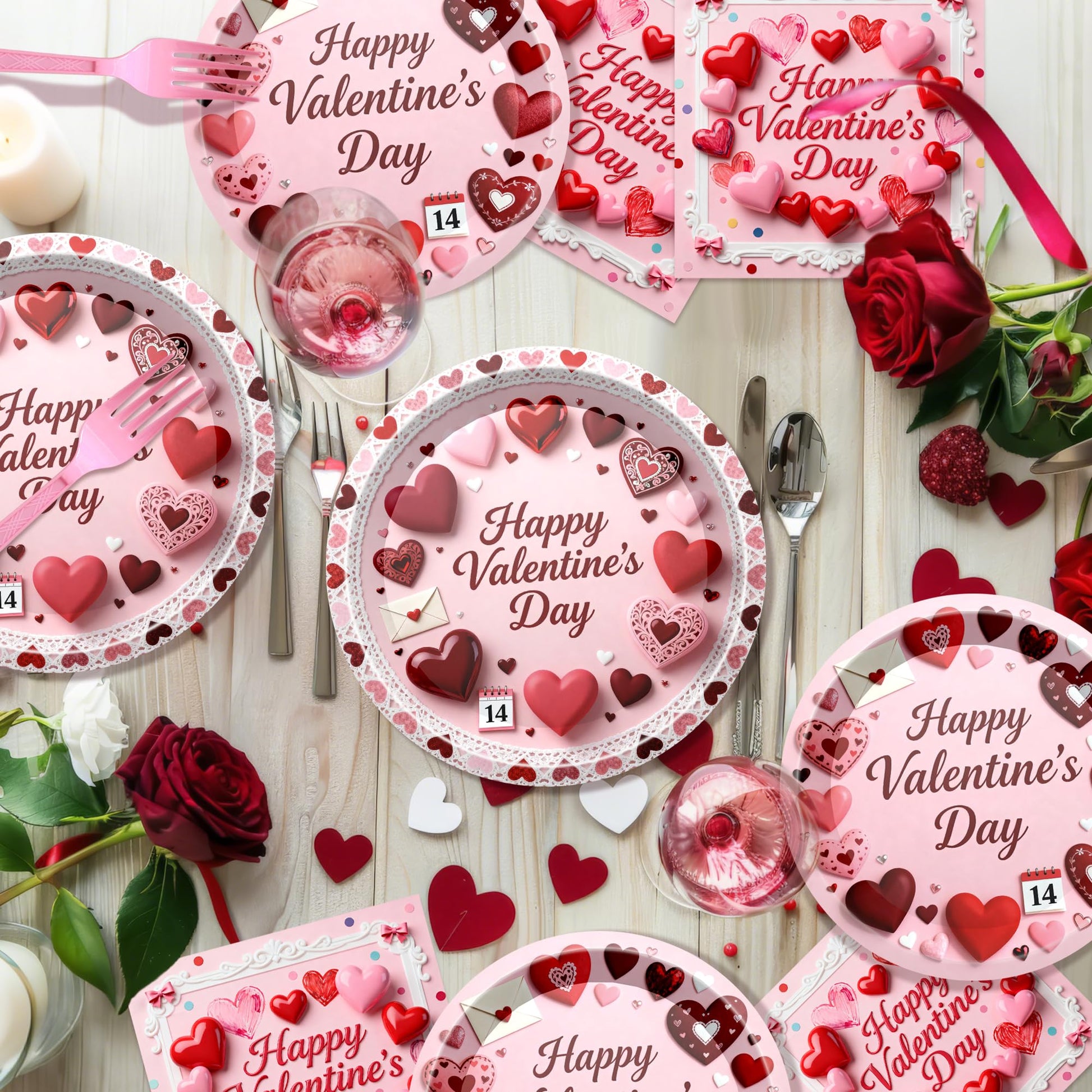 122 PCS Valentine‘s Day Party Supplies, Disposable Tableware Set Include Valentines Plates and Napkins, Cups, Forks, Banner and Tablecloth