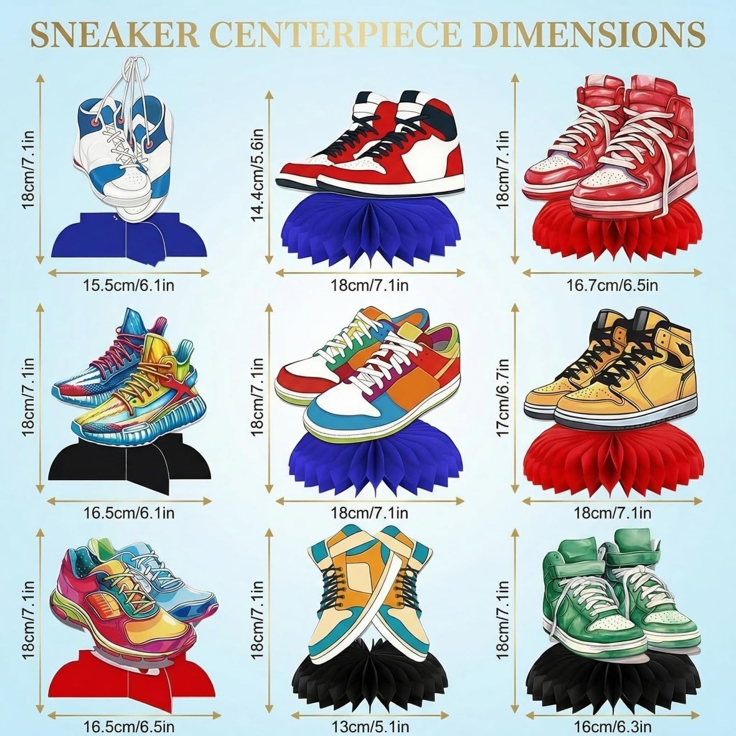 9Pcs Sneaker Honeycomb Ball and Table Centerpieces, Shoe Themed Party Decorations and Favors for Sports Baby Shower, Birthday, Hip Hop Event Supplies