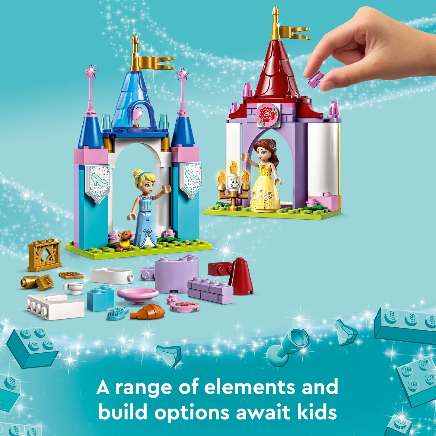 LEGO Disney Princess Creative Castles 43219, Castle Playset with Belle and Cinderella Mini-Dolls and Bricks Sorting Box, Travel Toys for Girls and