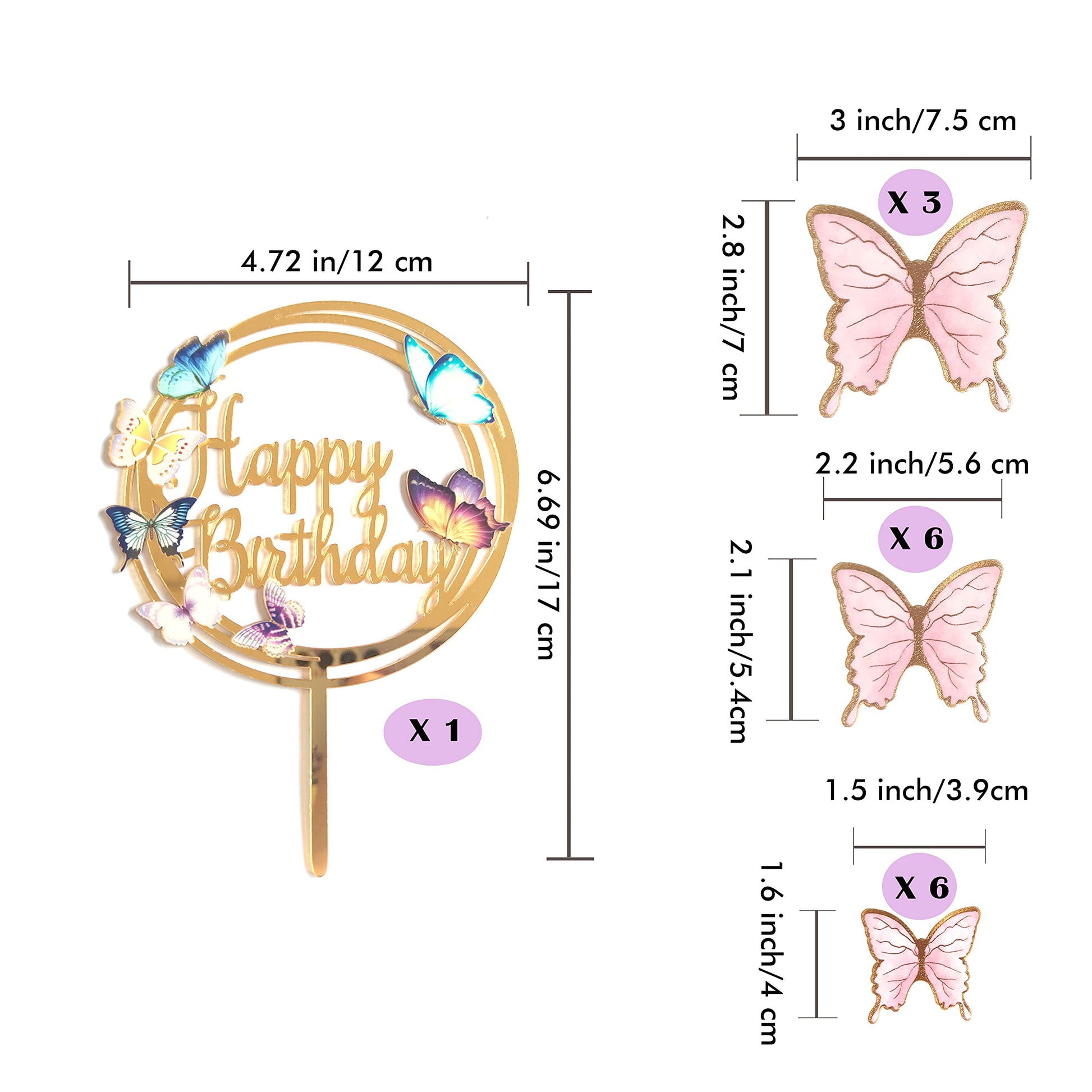 Butterfly Cake Toppers Decorations - 1 Big Happy Birthday Cake Topper & 15Pcs 3D Pink Gold Butterfly Cupcake Toppers - Party Supplies for Decorating