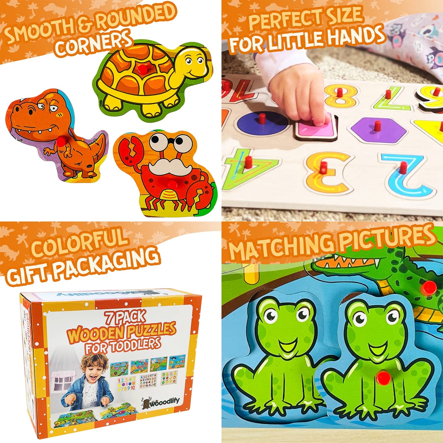 7 Pack Wooden Puzzles for Toddlers 2 3 4 5 Years Old - 7 Colorful Chunky Wood Peg Puzzles for Kids Ages 2-5, Alphabet Shape Numbers Fruits Sea Animals