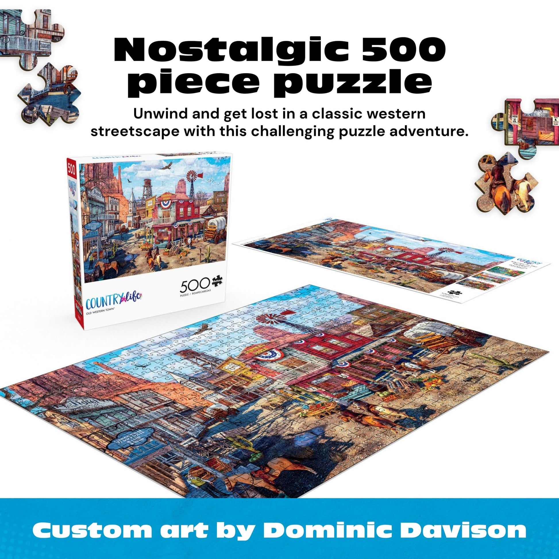 Buffalo Games Old Western Town - Dominic Davison - 500 Piece Jigsaw Puzzle for Adults - Challenging Vintage Western Art with Bonus Diagram - Country