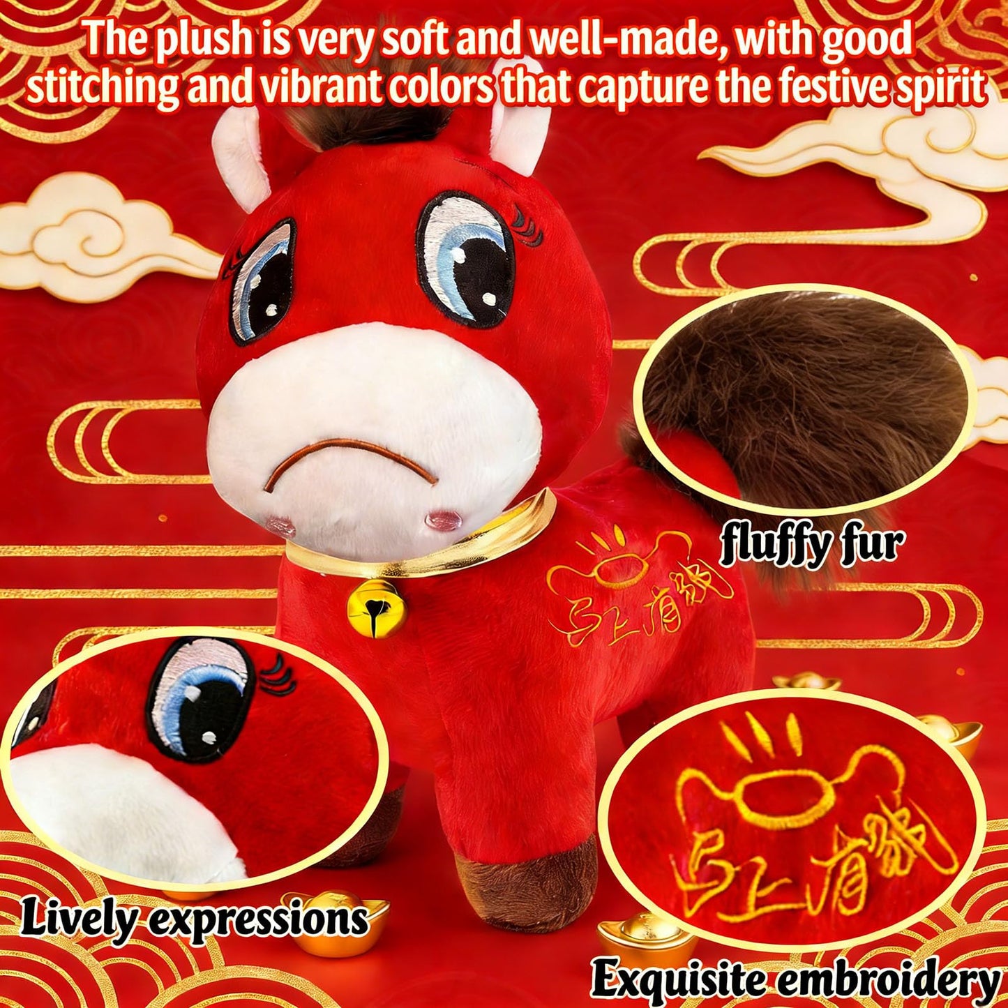 Stuffed Animal Crying Horse Year of The Horse 2026, Red Zodiac Horse Toys