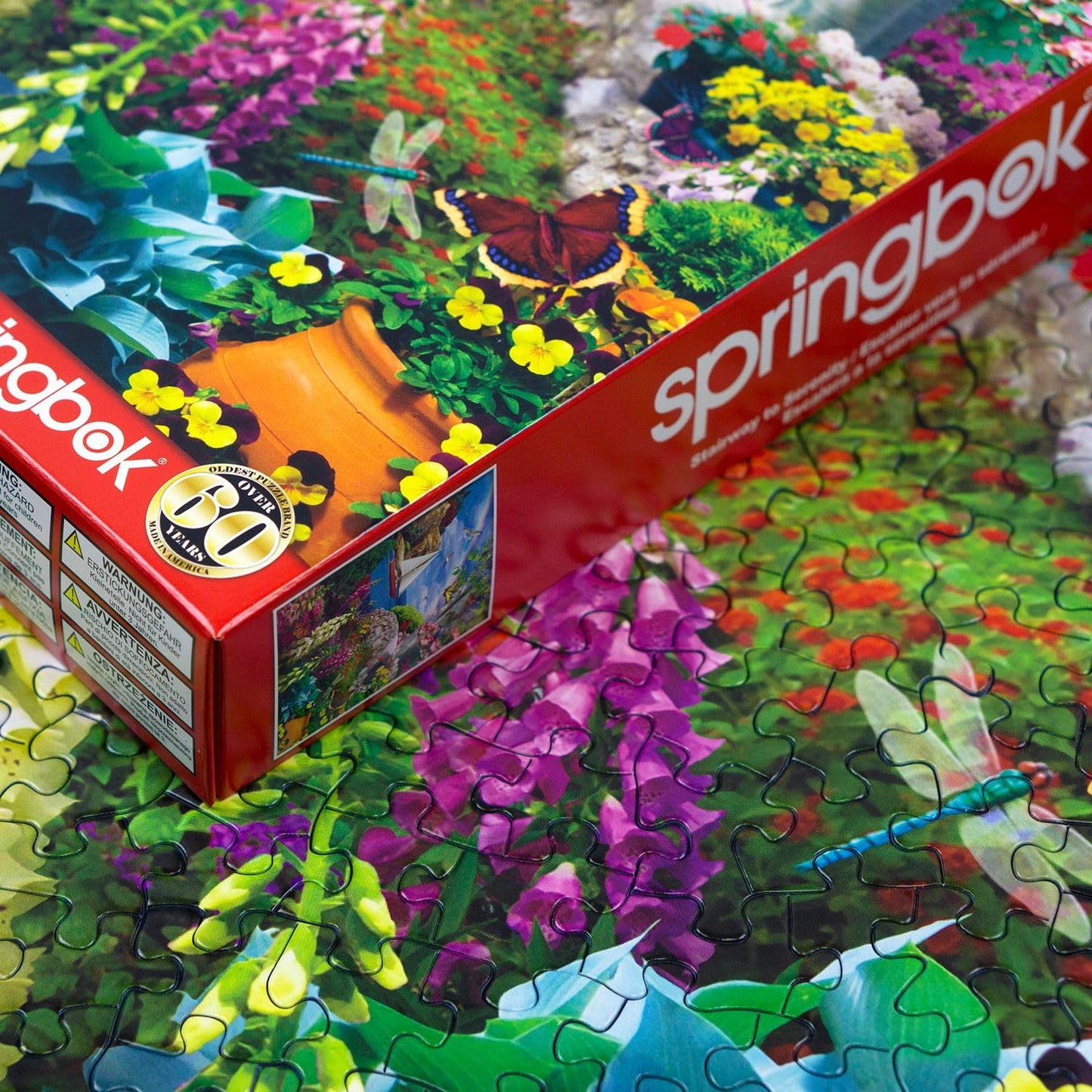 Springbok Stairway to Serenity 500 Piece Jigsaw Puzzle for Adults by Arist Alan Giana - Colorful Garden by The Ocean - Finished Size 23.5" x 18"