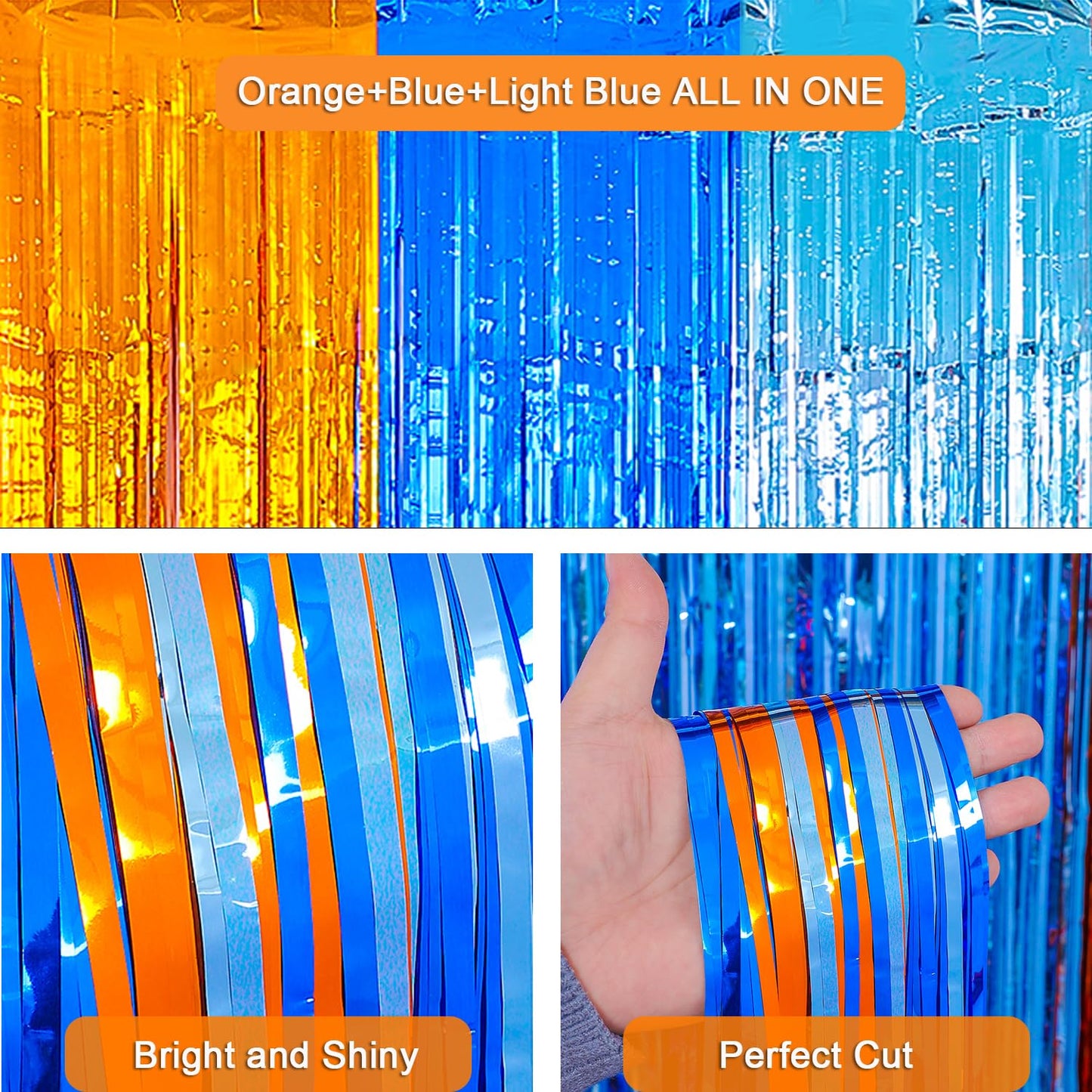 Blue Dog Birthday Party Supplies, 2 Packs 3.3x6.6 ft Foil Fringe Curtains, Orange Light blue Tinsel Metallic Streamers, Photo Booth Props Streamer