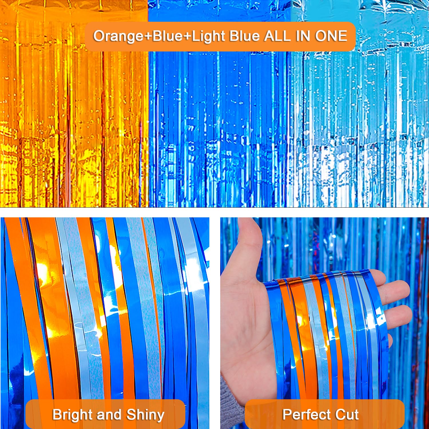 Blue Dog Birthday Party Supplies, 2 Packs 3.3x6.6 ft Foil Fringe Curtains, Orange Light blue Tinsel Metallic Streamers, Photo Booth Props Streamer