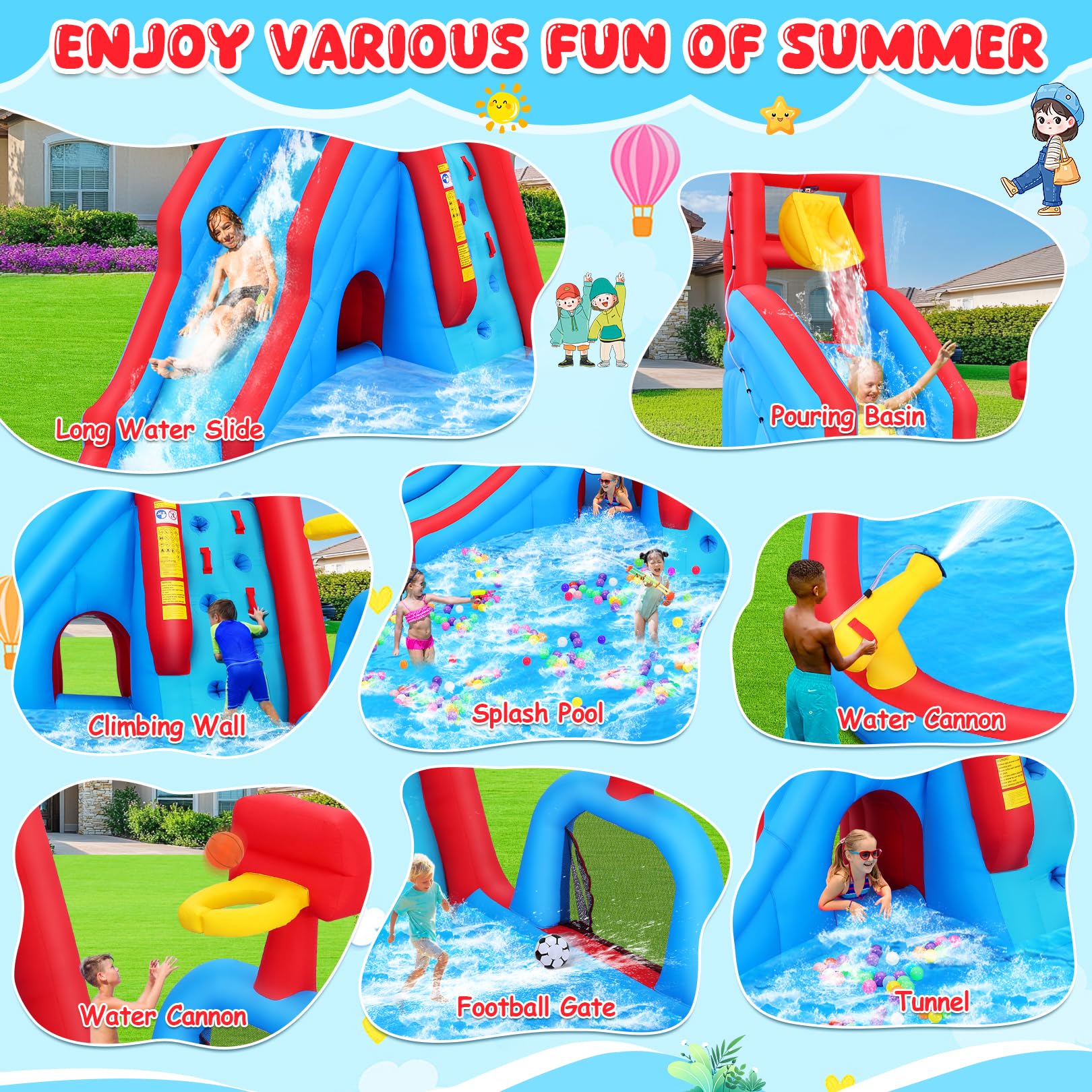 AKEYDIY Bounce House Water Slide for Kids 3-12 - Outdoor/Indoor Inflatable Water Slide with Slides Backyard, Dump Bucket, Climbing Wall, Splash Pool