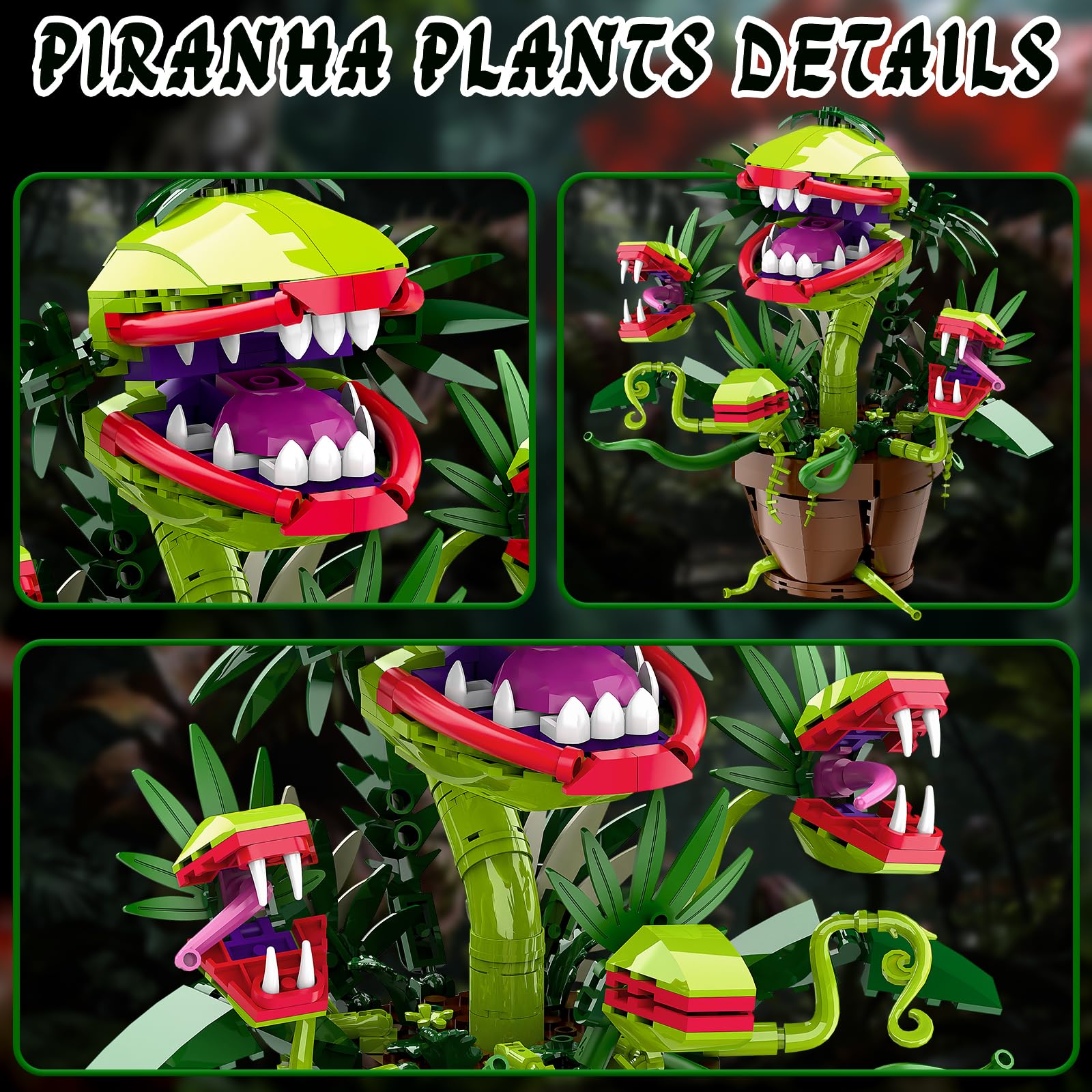 Piranha Plant Audrey 2 Building Blocks Set, Little Shop of Horrors Carnivorous Flower Model with 4 Openable Mouth, Toys Gifts for Kids Adults TV Movie