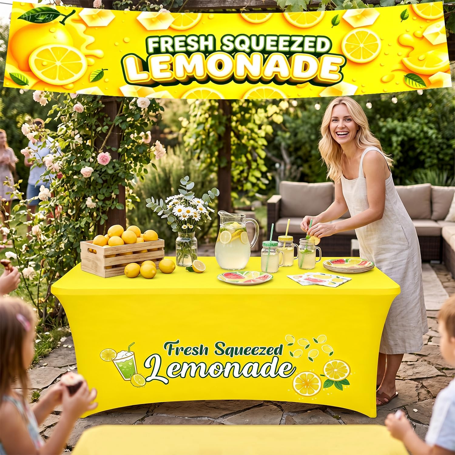 GOGOBAY 6 ft Yellow Lemonade Stand Open Back Tablecloth with 2 x 10 ft Lemonade Vinyl Banner, Stretch Spandex Table Cover for Lemonade Stand Supplies