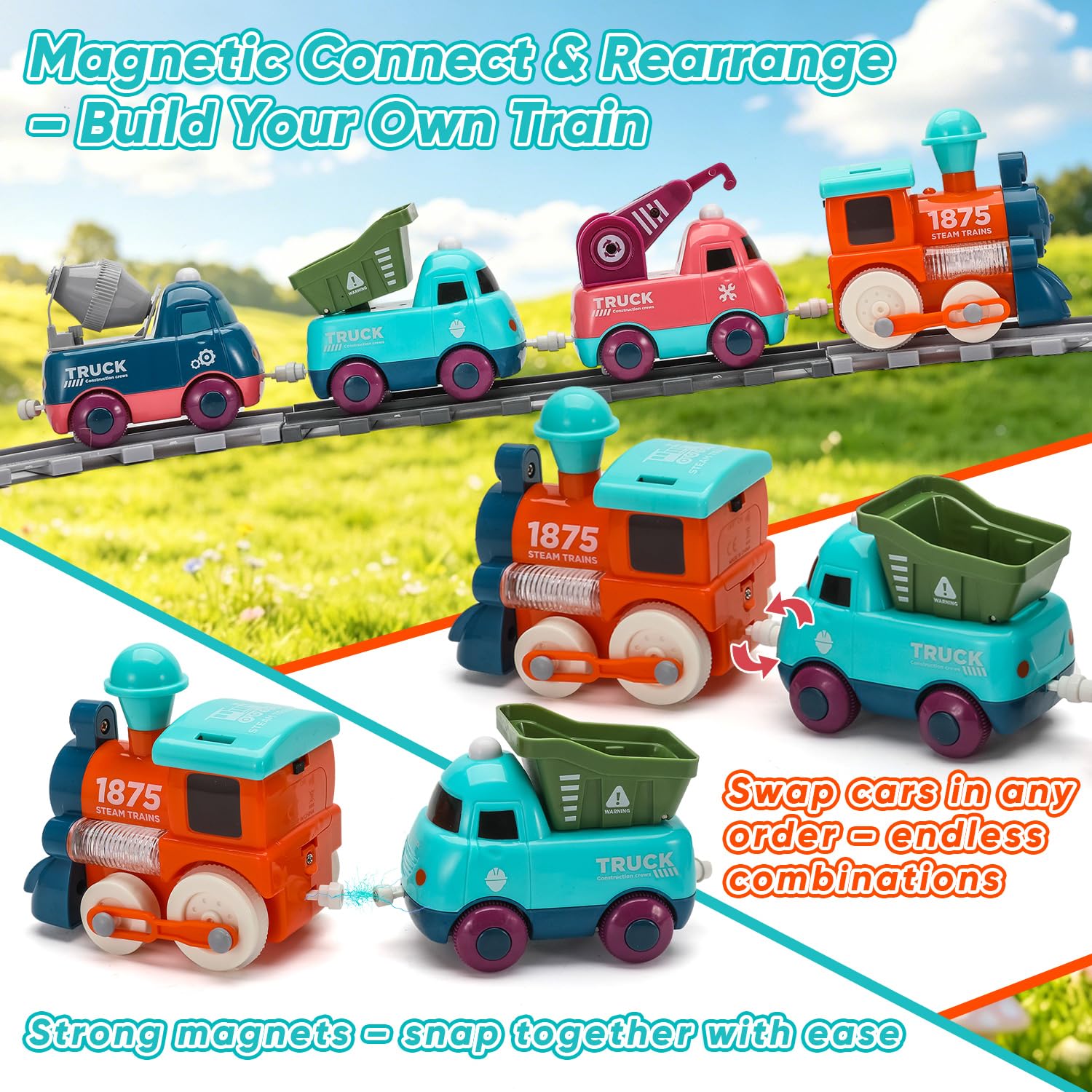 Toddler Train Toy, Train Set with Construction Vehicles for Kids Age 3-5