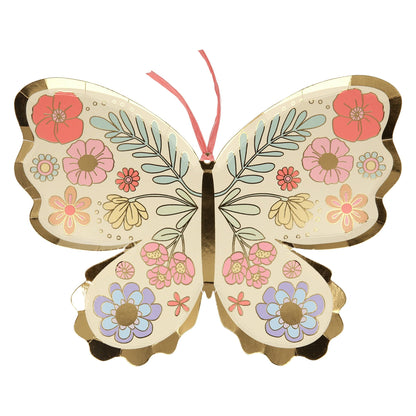 Meri Meri Butterfly Plates, Pack of 8 Disposable Paper Plates, Fun Shaped with Floral and Gold Foil Details - Great for Butterfly Birthday