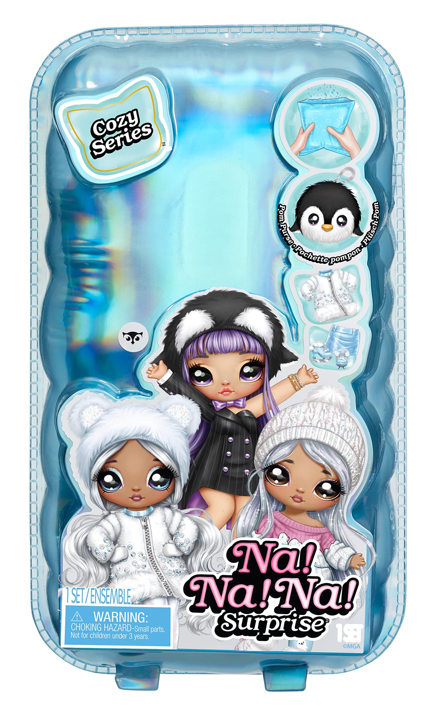 Na! Surprise 119357EUC Cozy Series - Evie Von HOO Soft Model Doll Inspired by a Snow Owl, with White Hair, Bonnet, Outfit & Coin Purse with Carabiner