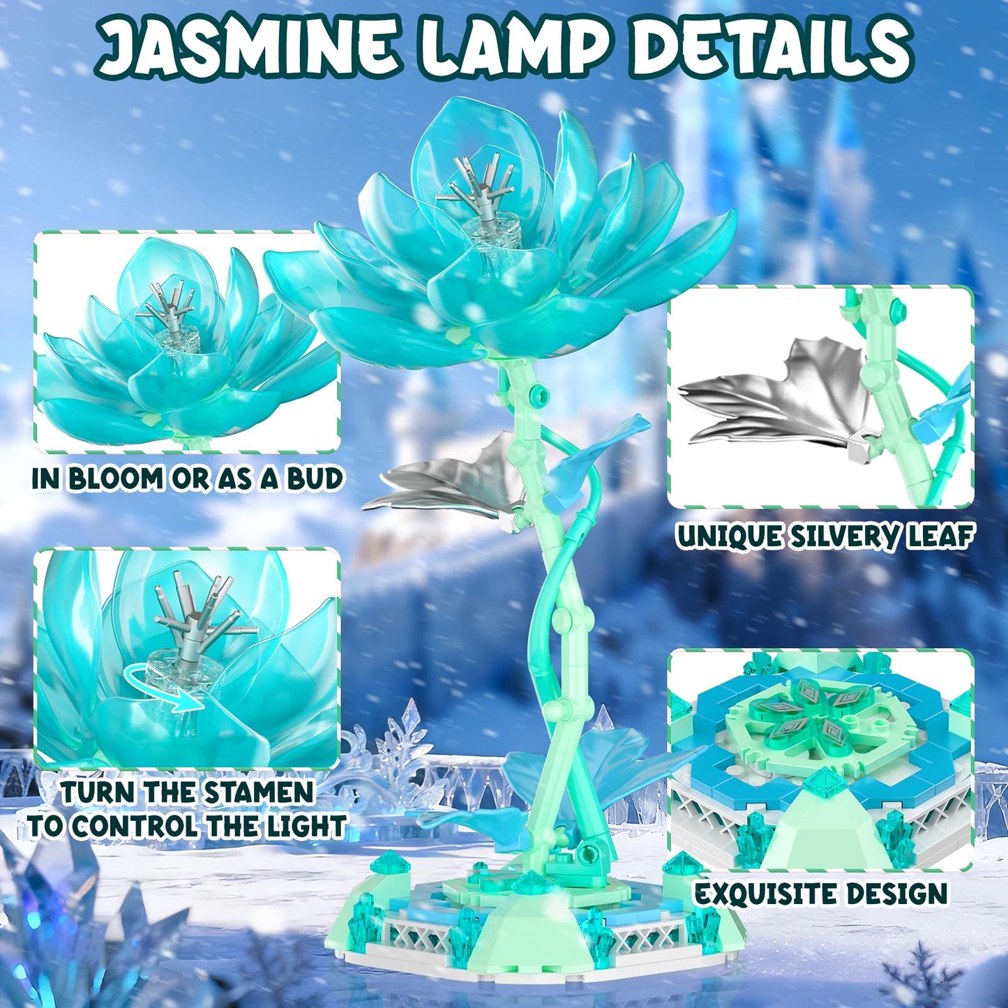 Jasmine Table Lamp Building Blocks Set, Princess Flower Shaped Building Toy with LED Light, Creative Home Decoration & Artificial Flower Night Light