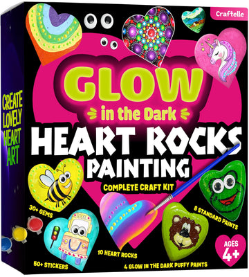 Hearts Rock Painting Kit for Kids Girls - Glow in Dark Art Supplies Ages 4-12 - Complete STEM Craft Set with Puffy Paint Stickers Gems Paints