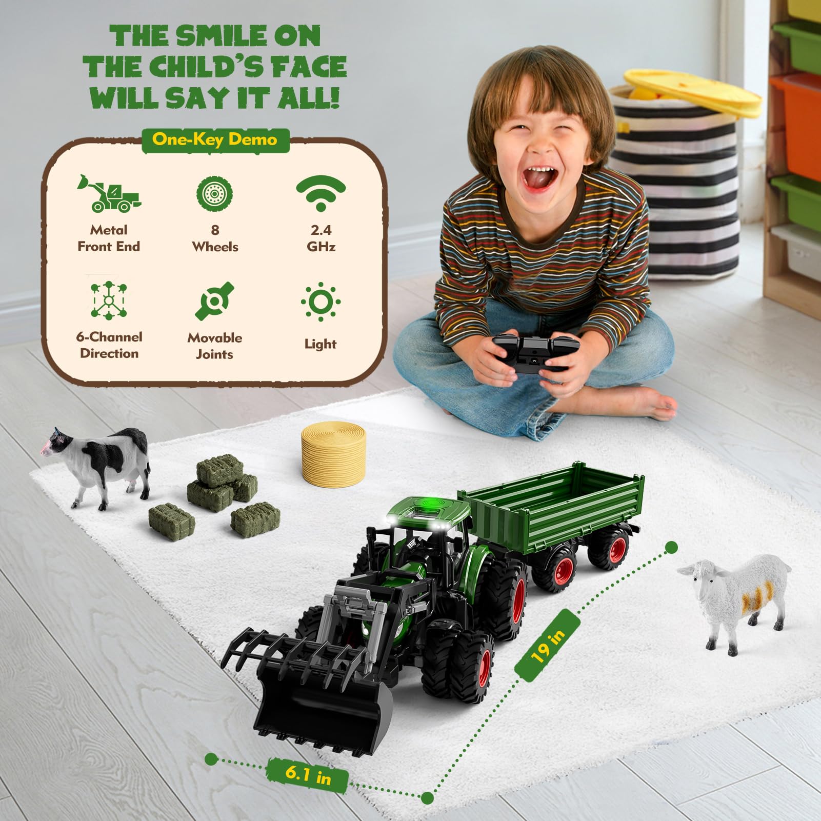 Uarzt Remote Control Tractor Toy with Trailer | Metal Front & Front Loader Farm Vehicle Set with Lights & 8-Wheel Design, RC Tractor Truck for Boys