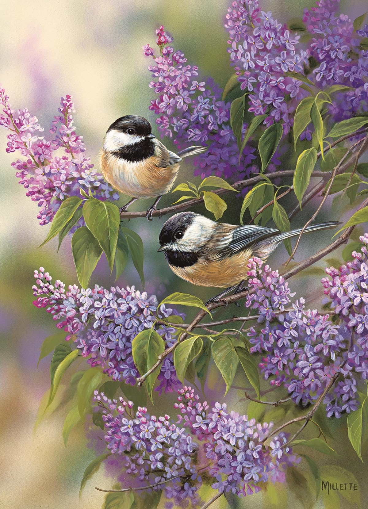 Cobble Hill 1000 Piece Puzzle - Chickadees and Lilacs - Sample Poster Included