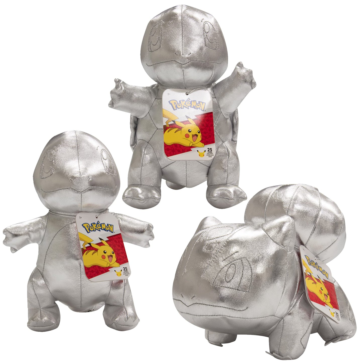 Pokemon 25th Celebration 8" Silver Starter Plushes, 3-Pack Toys - Charmander, Squirtle & Bulbasaur G1 Starters - Set of 3 - Limited Edition