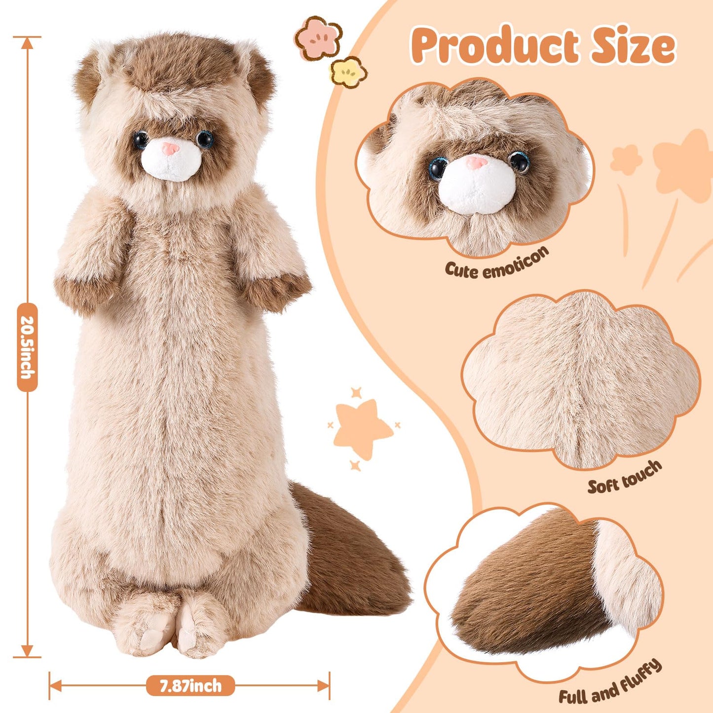 ZJoey 20.5 Inch Ferret Plush Stuffed Animal Long Cute Ferrets Pillow Soft Doll Stuffed Cute Toys Animals Lover Gift Kid Birthday Holiday Party