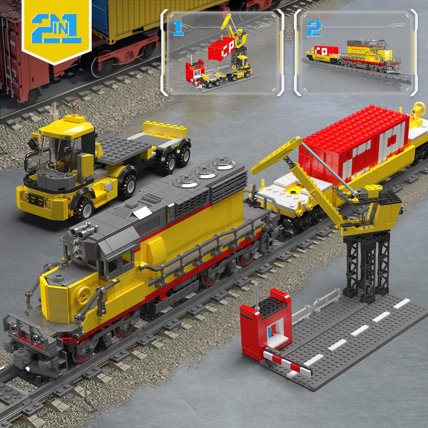 Mould King 12027 Diesel Locomotive Train Building Sets with a Semi-Trailers, Cranes, Remote/App Control Engineering Toy Kit, Scale Model with Trains