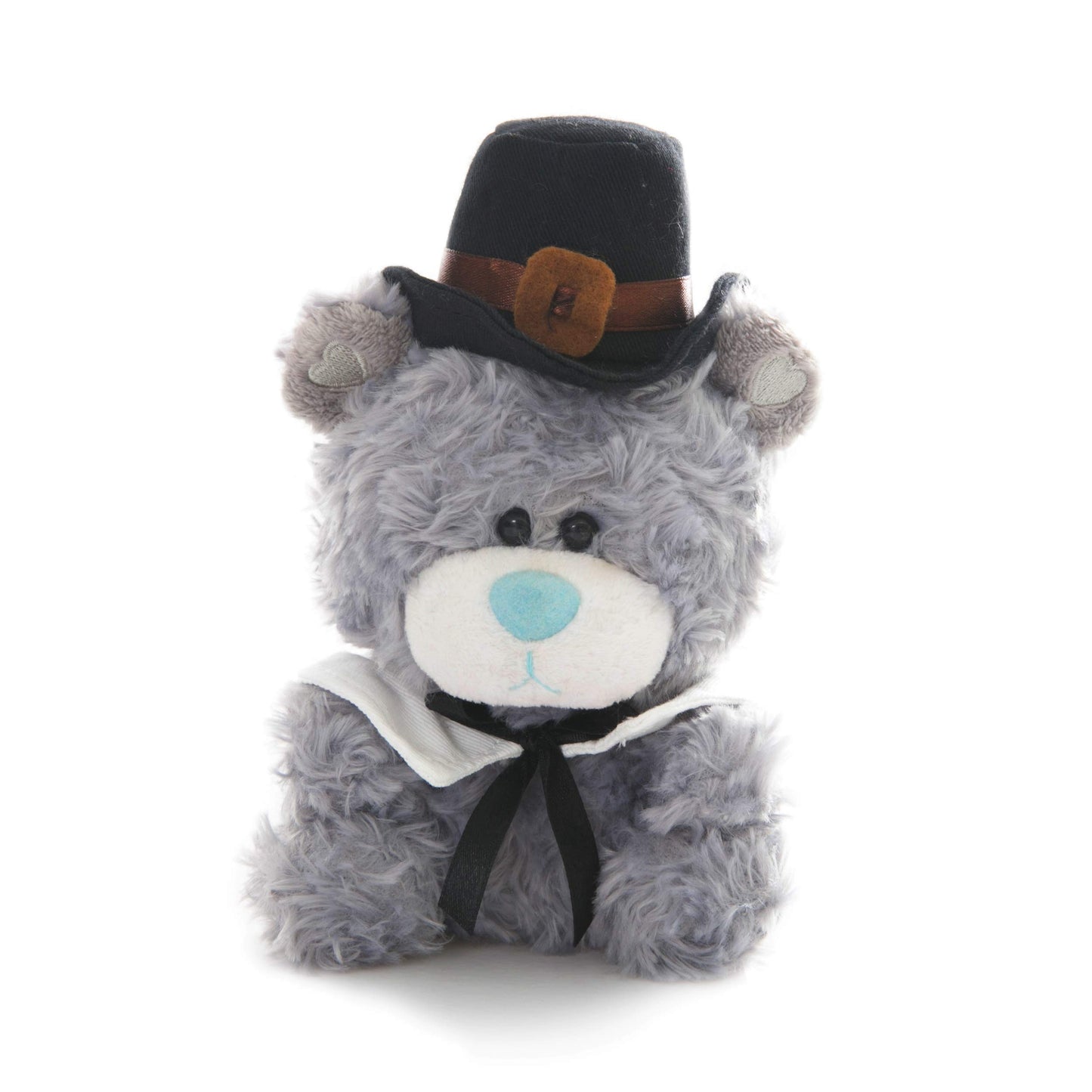 Plushland Stuffed Qbeba Pilgrim Bear - with Cute Hat and Collar - Plush Stuffed Toy for Kids on Thanksgiving Day - 6 Inches - Gray