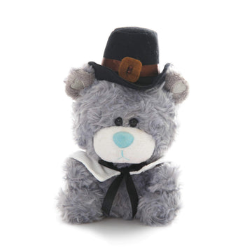 Plushland Stuffed Qbeba Pilgrim Bear - with Cute Hat and Collar - Plush Stuffed Toy for Kids on Thanksgiving Day - 6 Inches - Gray