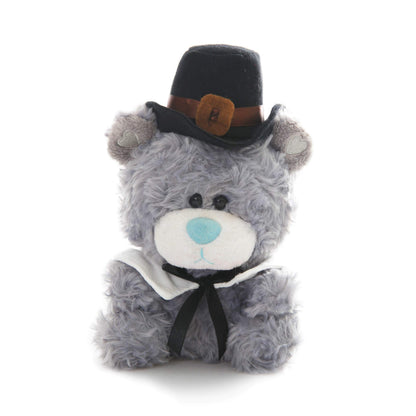 Plushland Stuffed Qbeba Pilgrim Bear - with Cute Hat and Collar - Plush Stuffed Toy for Kids on Thanksgiving Day - 6 Inches - Gray