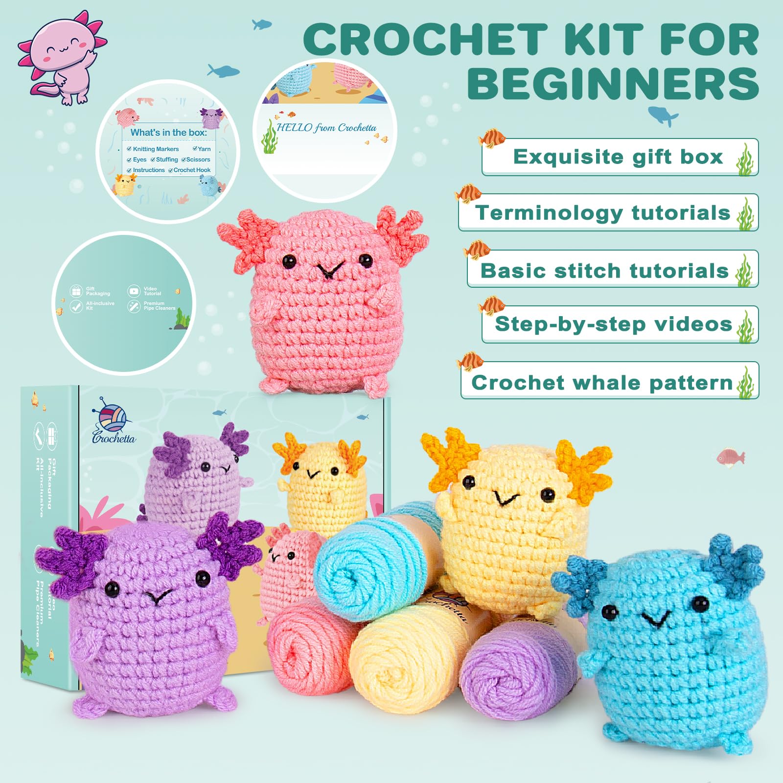 Crochetta Crochet Kit for Beginners, Crochet Starter Kit w Step-by-Step Video Tutorials, Beginner Crochet Kit for Adults Kids Women Men Complete Kit