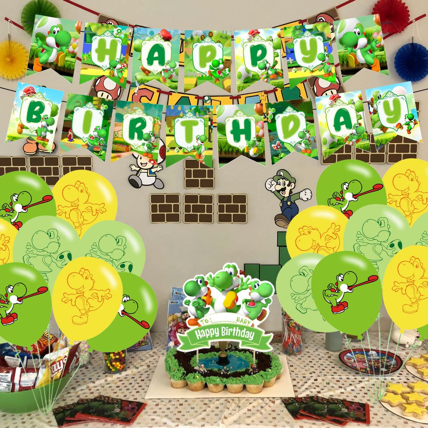 Yoshi Party Decorations,Yoshi Birthday Party Supplies Includes Banner - Cake Topper - 24 Cupcake Toppers - 18 Balloons