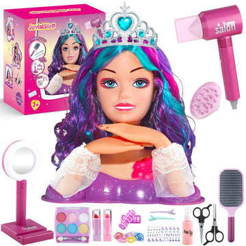 Princess Hair Styling Doll Head Makeup Kit for Girls- Purple & Teal Two-Tone Wavy Hair Salon Set with 20+ Accessories - Makeup & Braiding Playset