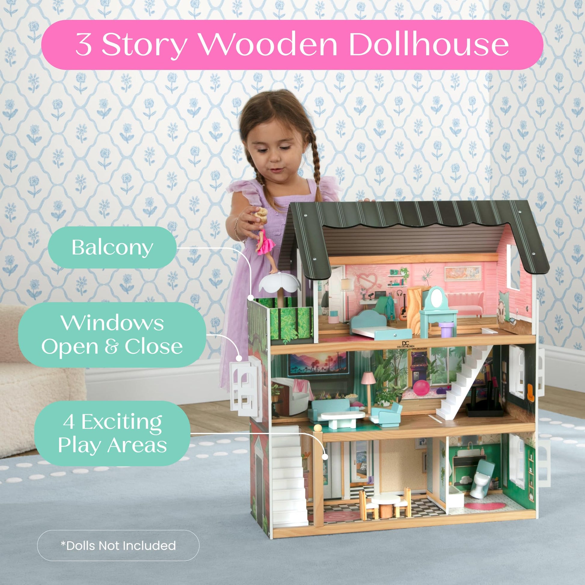 Delta Children South Beach Dollhouse - 3-Story Dollhouse with 4 Rooms - Includes 16 Accessories - Fits 5-inch Dolls - Pretend Play Dream Gift for Ages