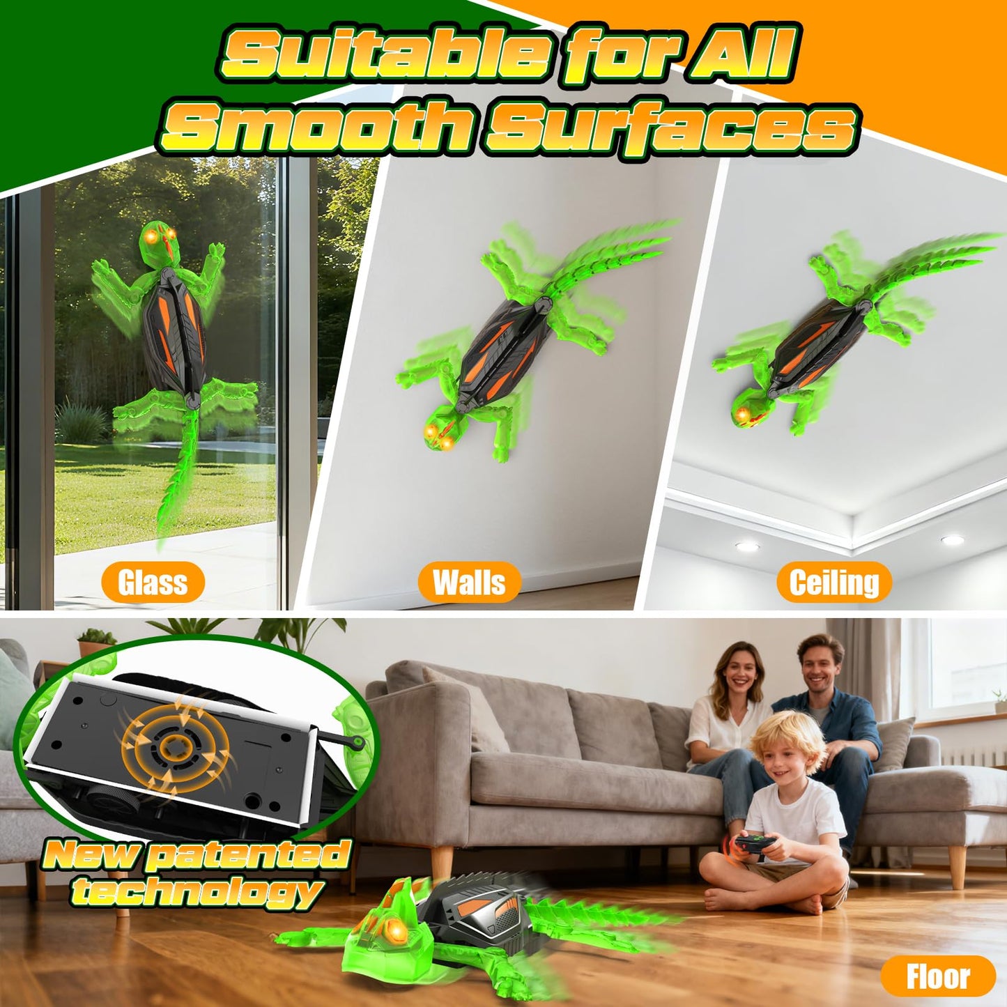 RC Wall Climbing Gecko with Glow-in-The-Dark, Remote Control Gecko Toy for Kids, Floor & Wall Crawling, Glowing Eyes, 360° Rotating, Upgrade Low