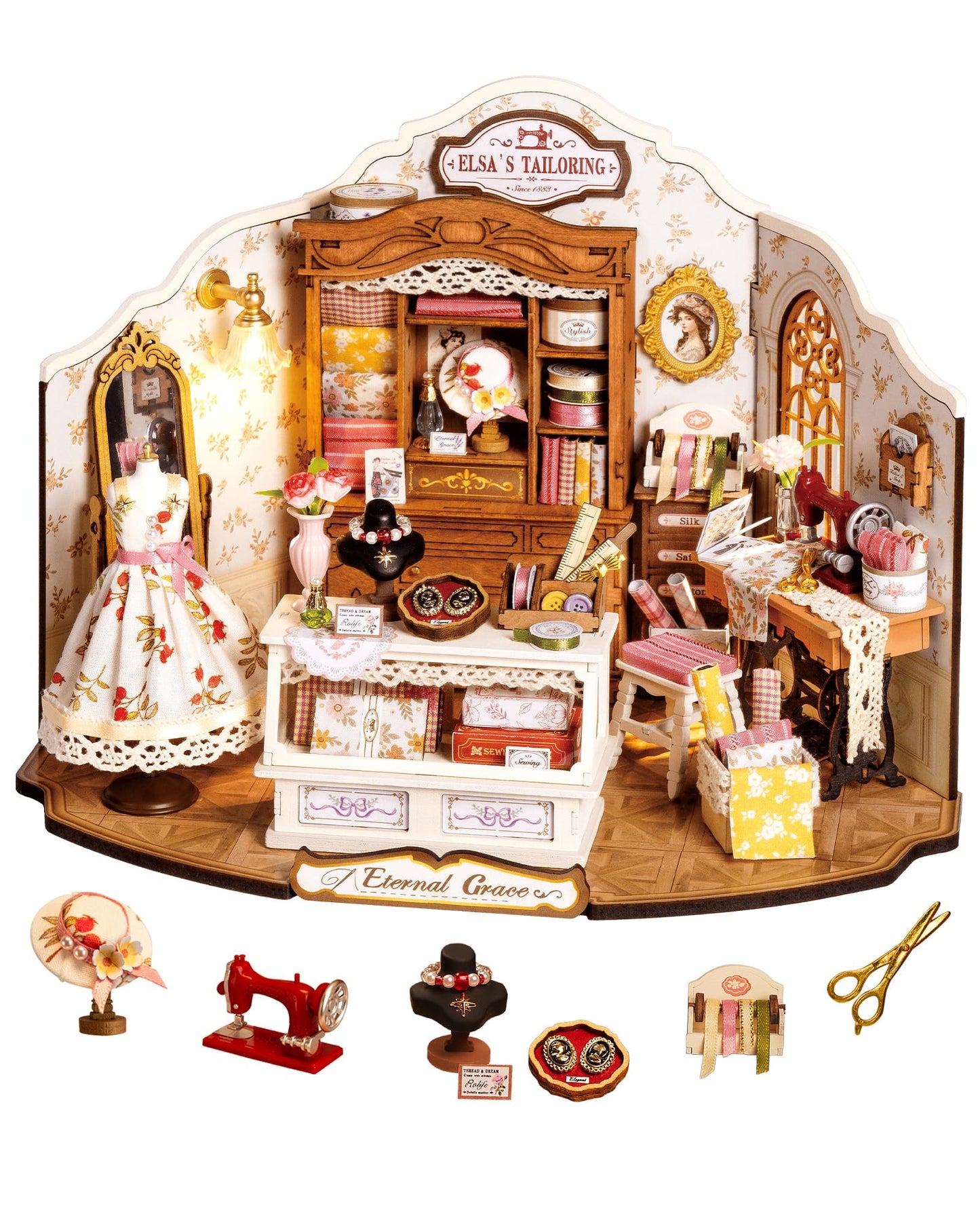 ROBOTIME DIY Miniature House Kit, Elsa’s Tailoring Dollhouse Kit, Mini Wooden Furniture Kit for Adults, Sewing Shop Building Model, Creative Craft