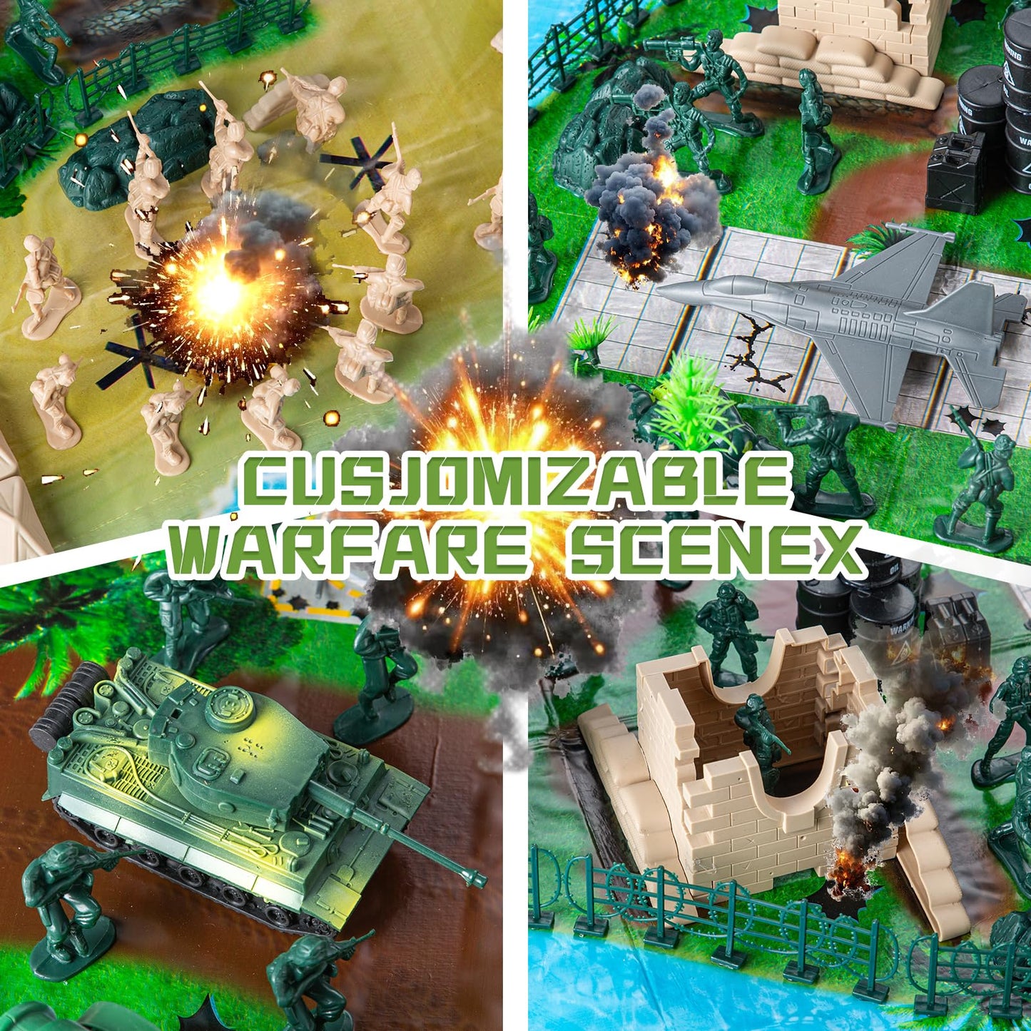 oqotoy Army Men Toys Large Battle Playset- 110-Piece Army Men Action Figures Playset with Realistic Vehicles (Tanks, Helicopter, Fighter