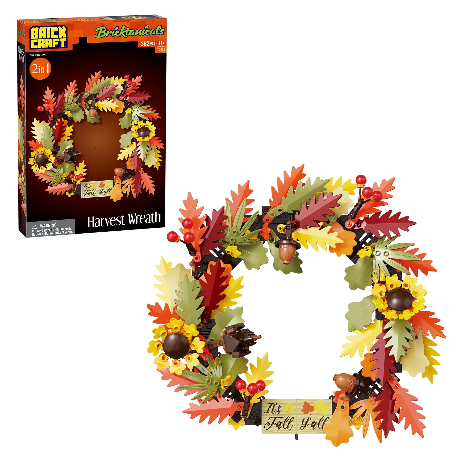 Brickcraft Harvest Wreath Brick Building Kit, 382 Pieces | DIY Autumn & Halloween Home Décor | 2-in-1 Fall Wreath & Garland Craft | Festive