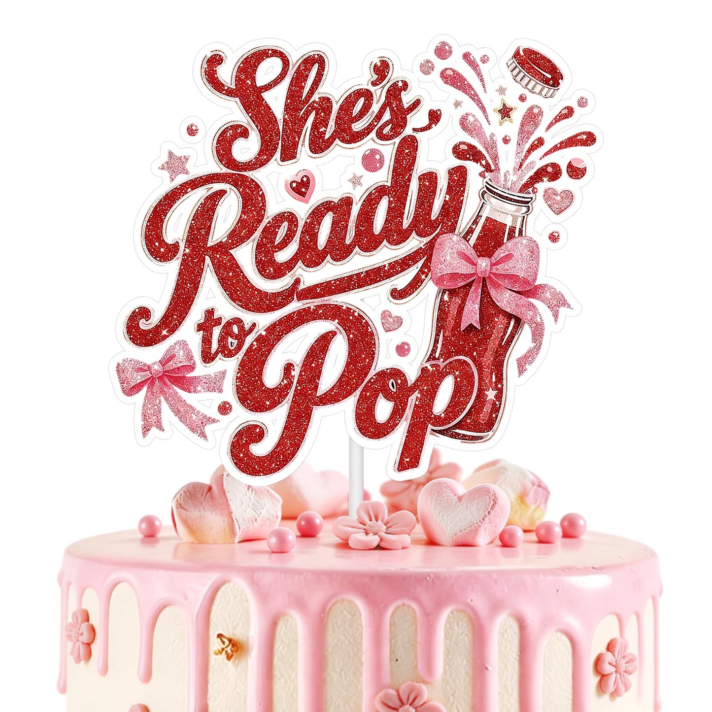 Shes Ready to Pop Cake Topper Red Glitter Soda Baby Shower Cake Decor for Baby Shower Gender Reveal Baby First Birthday Party Decorations