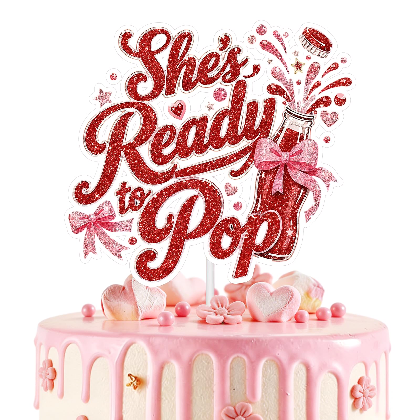Shes Ready to Pop Cake Topper Red Glitter Soda Baby Shower Cake Decor for Baby Shower Gender Reveal Baby First Birthday Party Decorations