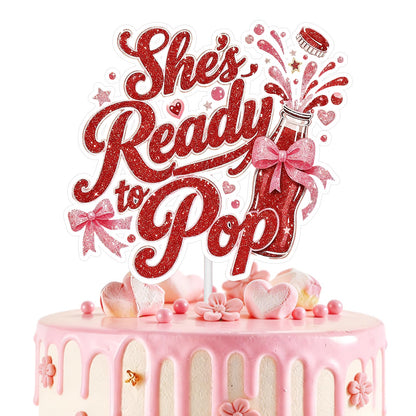 Shes Ready to Pop Cake Topper Red Glitter Soda Baby Shower Cake Decor for Baby Shower Gender Reveal Baby First Birthday Party Decorations