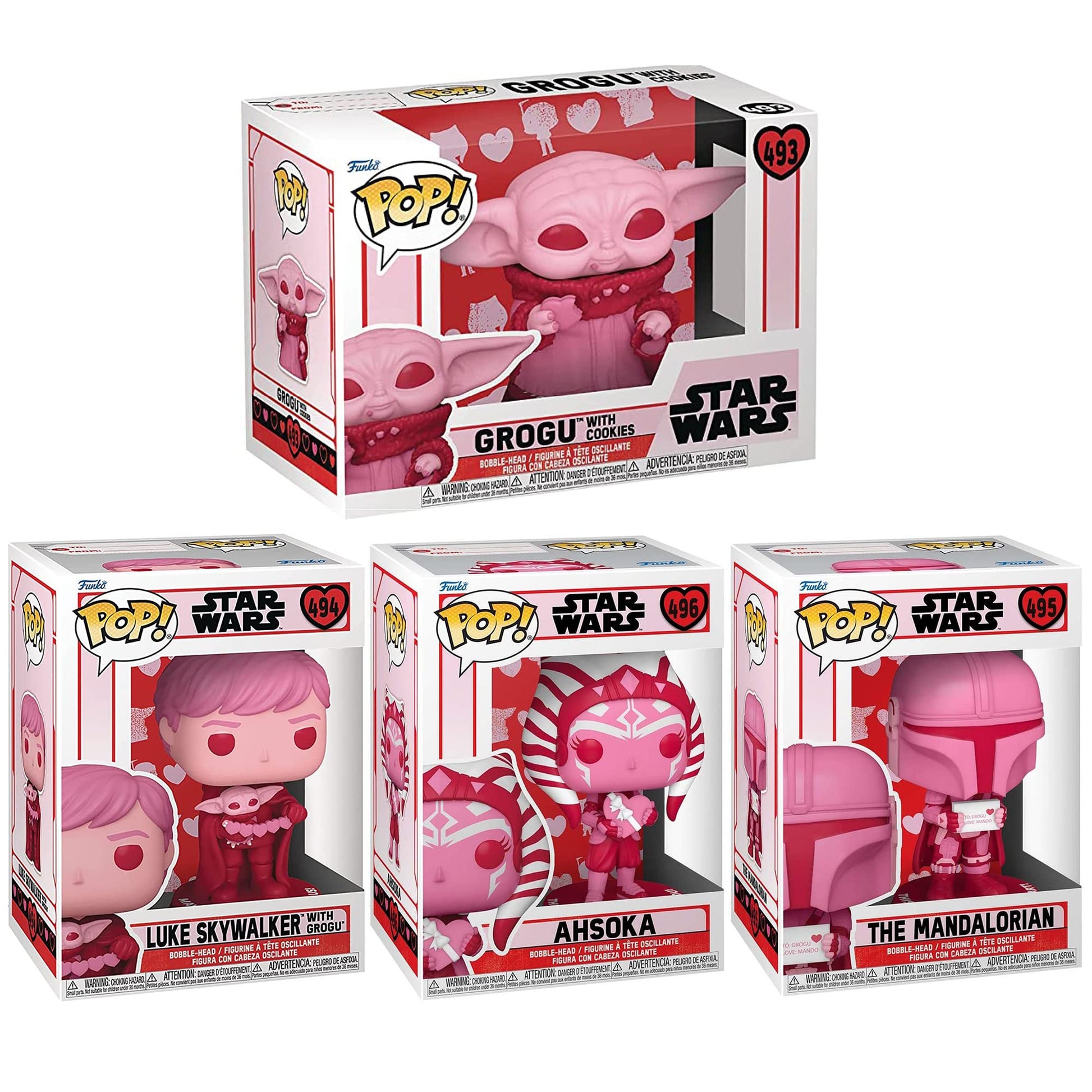Funko POP Valentines Star Wars Collectors Set - Luke & Grogu, Mandalorian, Ahsoka, Grogu, Figures Stand 3.75" Tall, Each Figure Comes Individually
