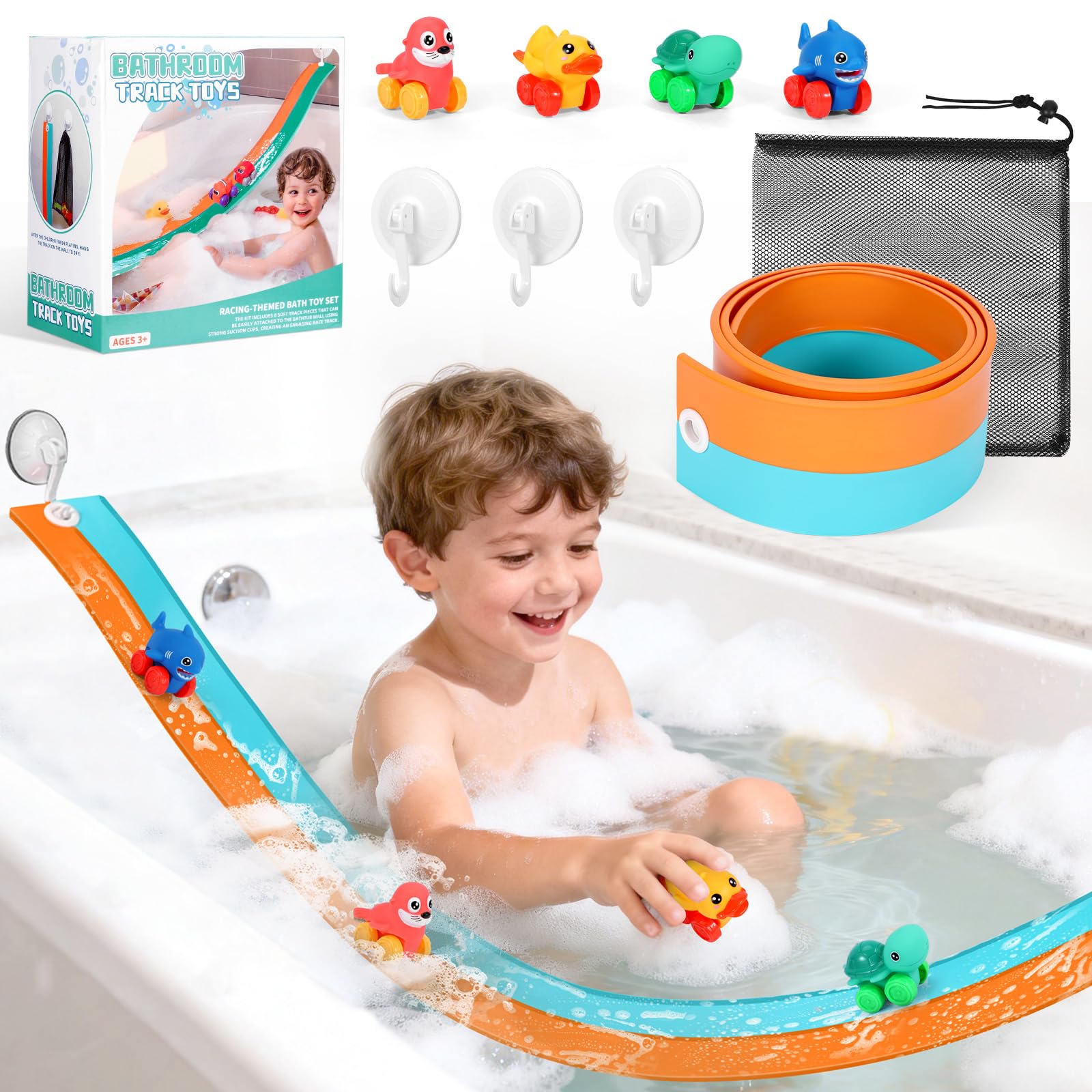 Race Car Bath Toys, Toddler Bathub Toy Set, 5 Ft Flexible Bath Race Track for Kids Ages 3+ , Cars Toy Gift for Baby Boys &Girls, Portable Rolls Up