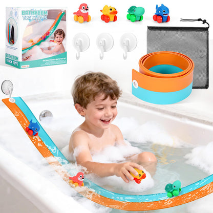 Race Car Bath Toys, Toddler Bathub Toy Set, 5 Ft Flexible Bath Race Track for Kids Ages 3+ , Cars Toy Gift for Baby Boys &Girls, Portable Rolls Up