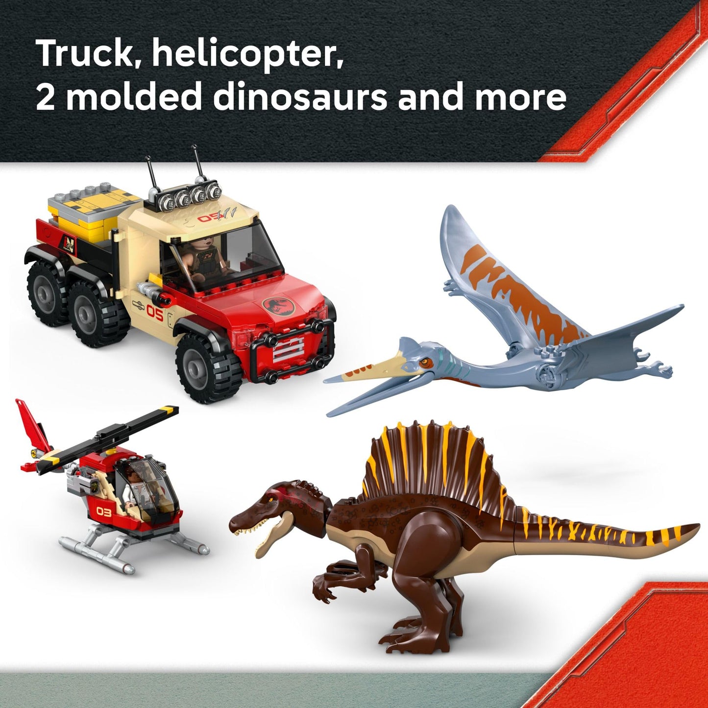 LEGO Jurassic World Spinosaurus & Quetzalcoatlus Air Mission - Dinosaur Toy for Kids - Pretend Play Building Toy with Dinosaur Figurines for Girls