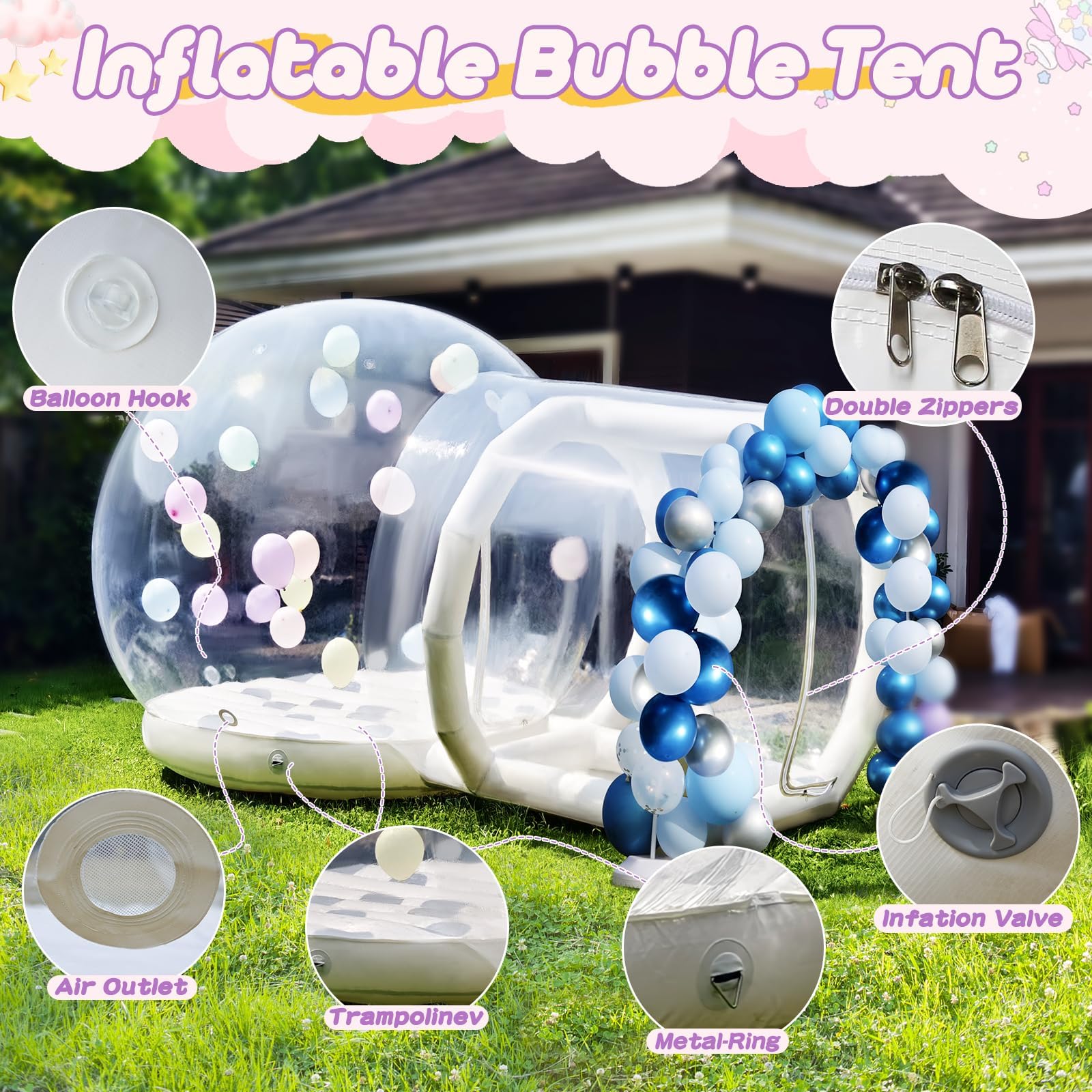 13ft Inflatable Bubble House for Kids with trampoline, Clear Inflatable Bubble Dome Tent with Blower & Pump, Commercial Grade PVC Waterproof Garden