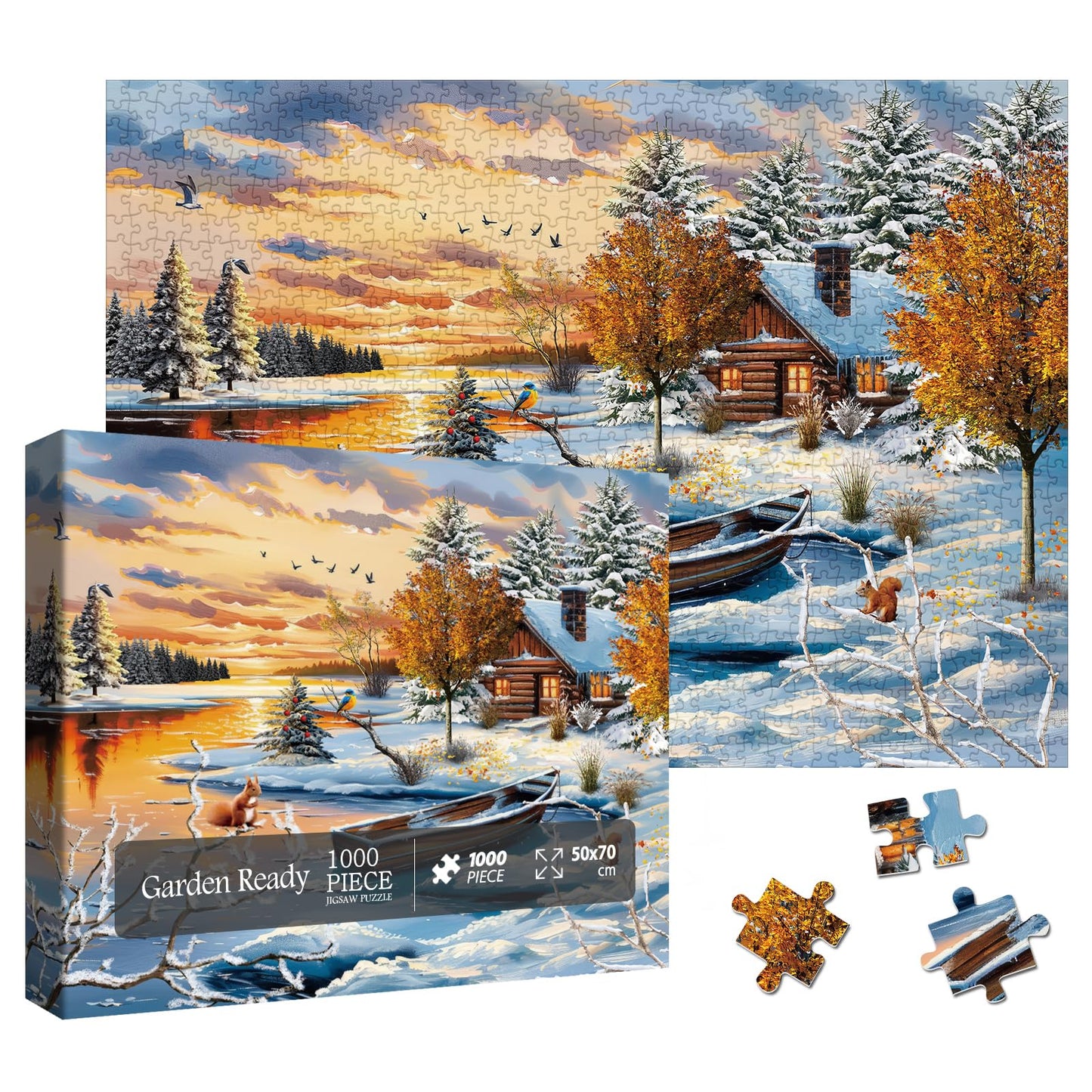Winter Nature Landscape Puzzles for Adults 1000 Pieces, Pretty Sunset Lake House Tree Jigsaw Puzzles, Challenging Snow Scenic Cabin River Animal